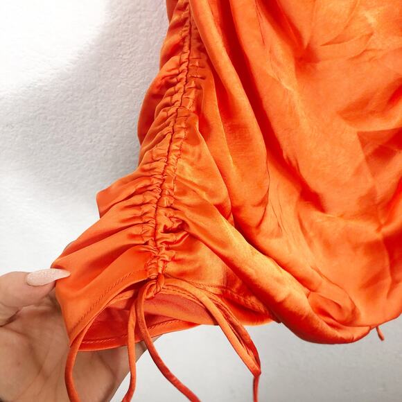 Zara Orange Satin Draped Effect Mini Dress Size Large Ruched Cocktail Halloween - Picture 10 of 14